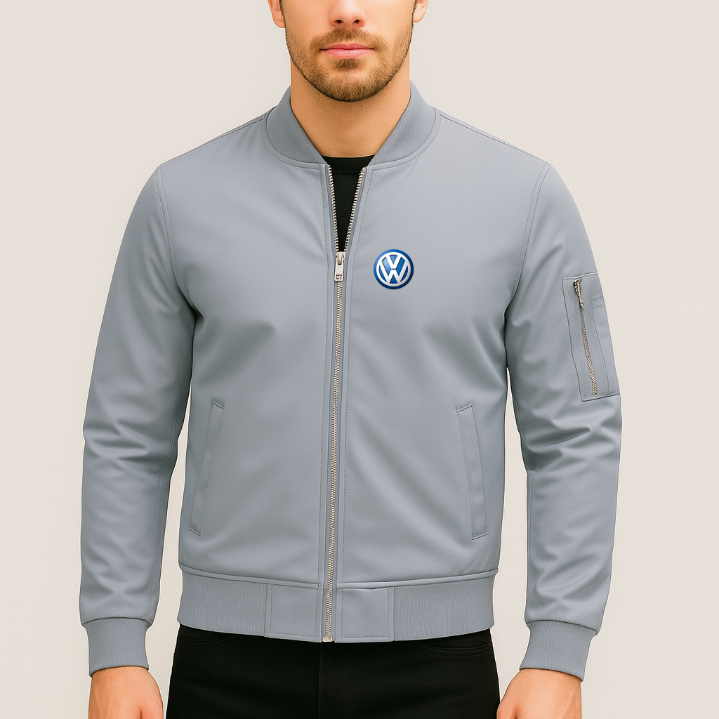 Men’s VW Volkswagen Car Lightweight Zip-Up Bomber Jacket with Ribbed Collar and Cuffs - Versatile Casual Outerwear